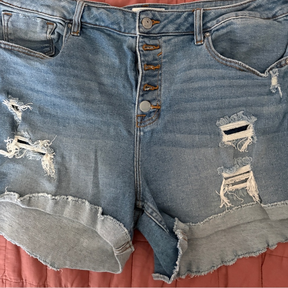 Vigoss Light Blue Distressed Button-Fly Jean Shorts